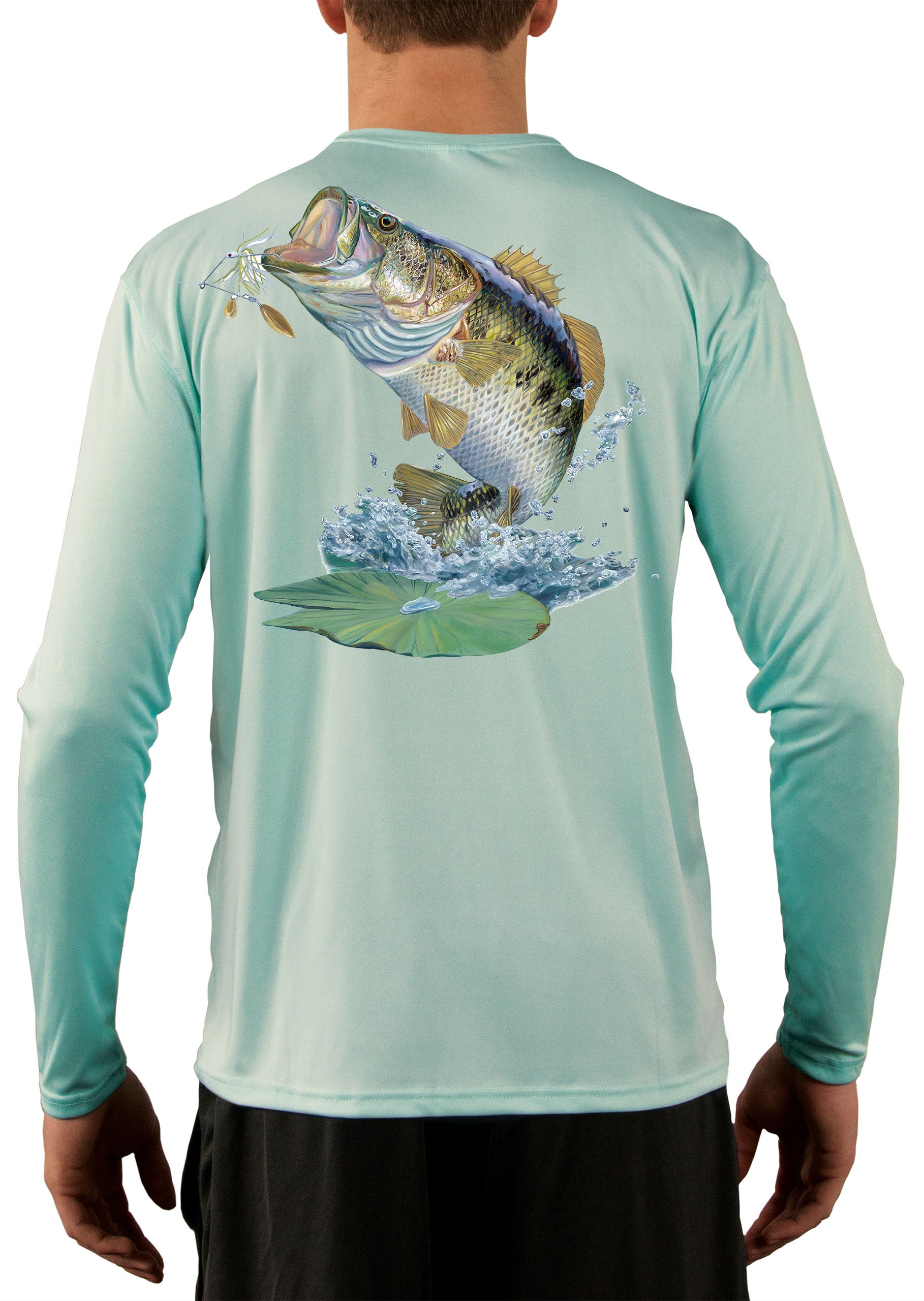 Camisa de pesca para hombre con lubina de boca grande, manga larga, tejido  que absorbe la humedad, estampado que no se decolora, tejido UPF 50+ para