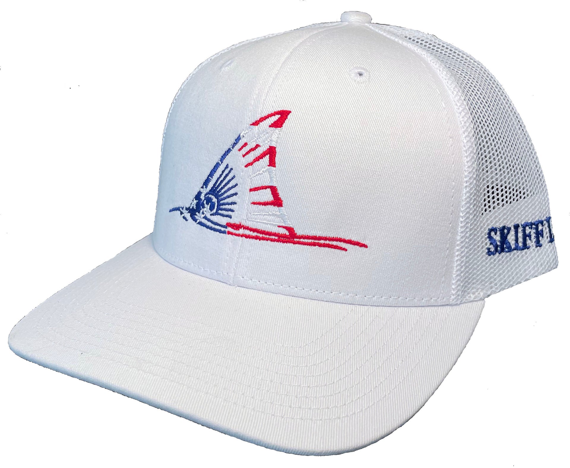 Red, White and Blue Redfish Tail on White and White Meshback Trucker Hats  by Skiff Life
