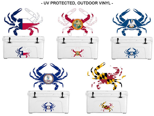 Blue Crab Decal Outline with Florida, Maryland, Louisiana, Virginia or Texas Flag - Skiff Life