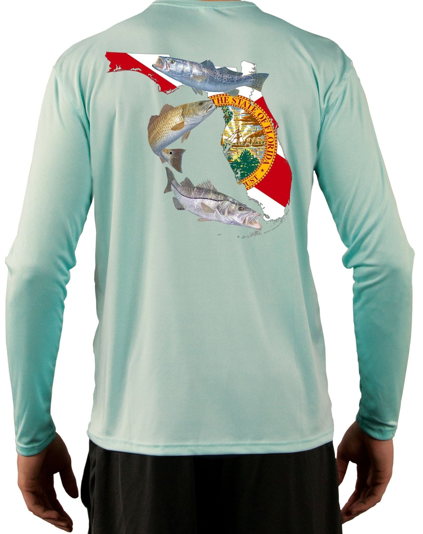 Florida Inshore Slam Custom Fishing Shirt Florida State Map with Florida Flag Sleeve - Skiff Life