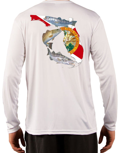 Florida Inshore Slam Custom Fishing Shirt Florida State Map with Florida Flag Sleeve - Skiff Life