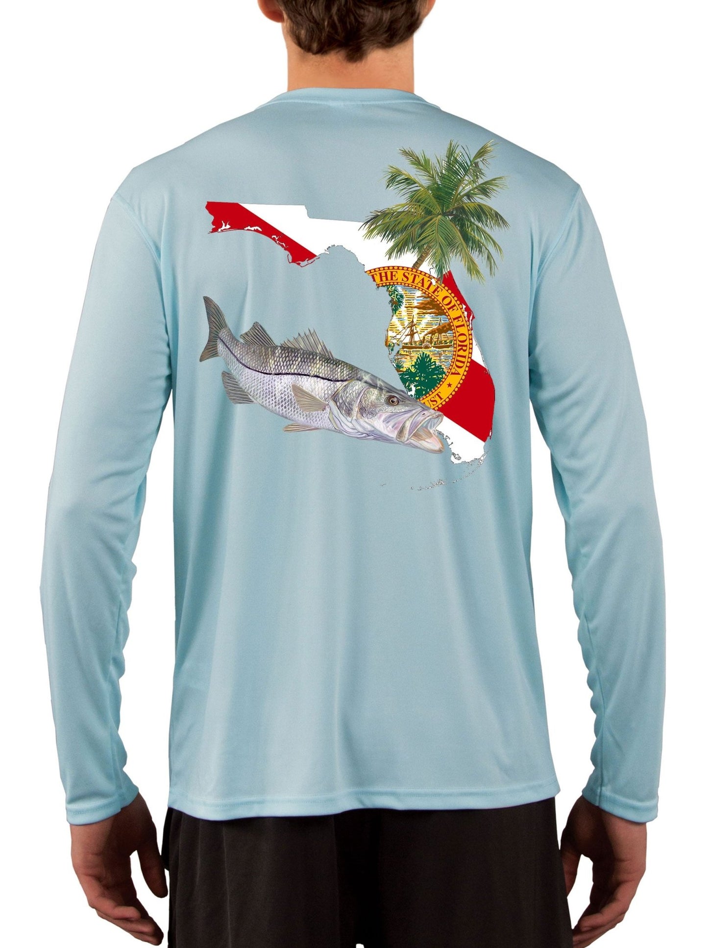 Florida Snook Long Sleeve Mens Fishing Shirt with Florida State Flag Sleeve - Skiff Life