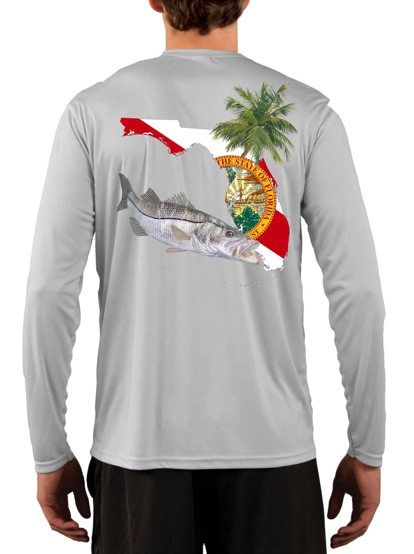 Florida Snook Long Sleeve Mens Fishing Shirt with Florida State Flag Sleeve - Skiff Life