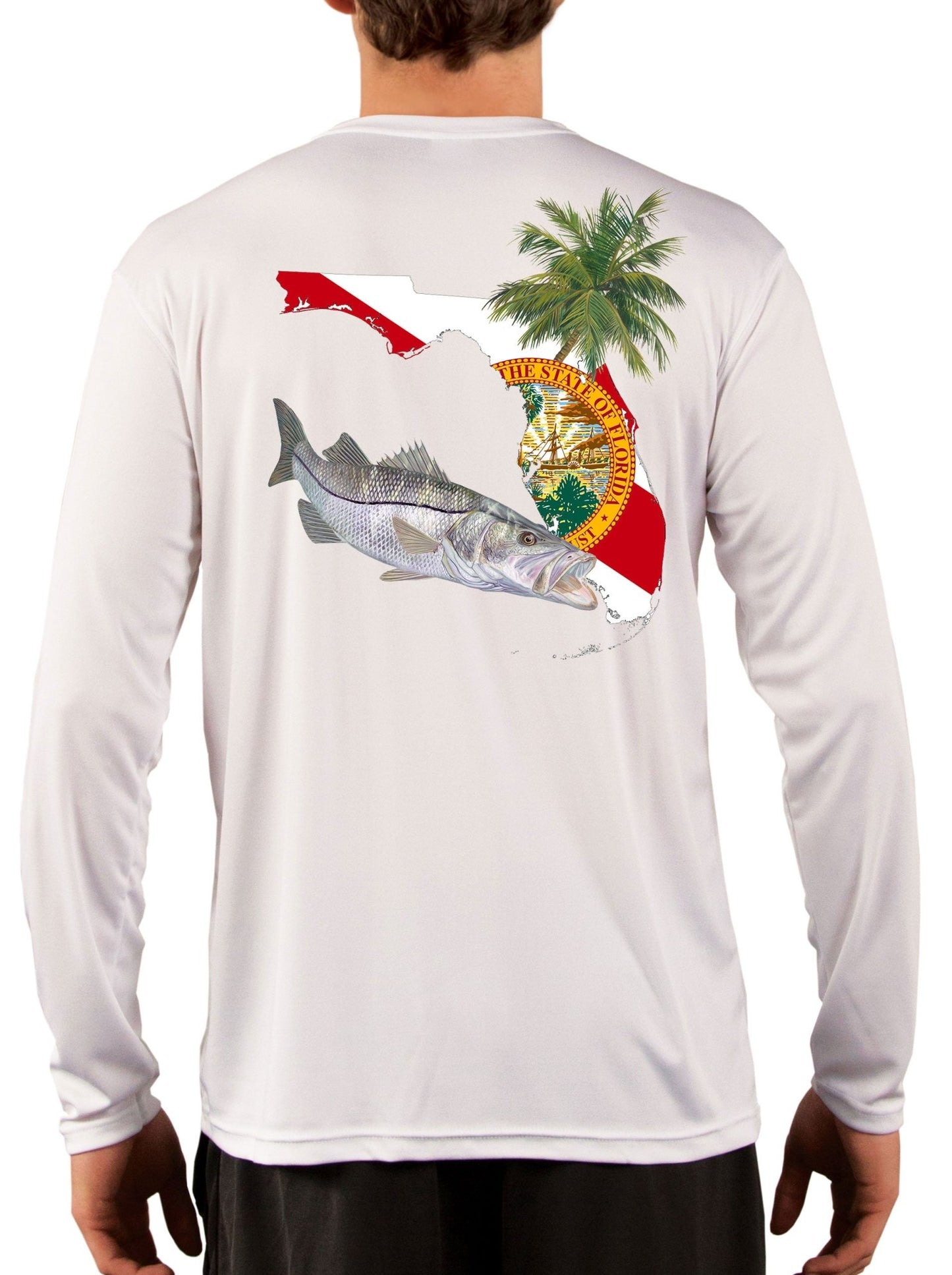 Florida Snook Long Sleeve Mens Fishing Shirt with Florida State Flag Sleeve - Skiff Life