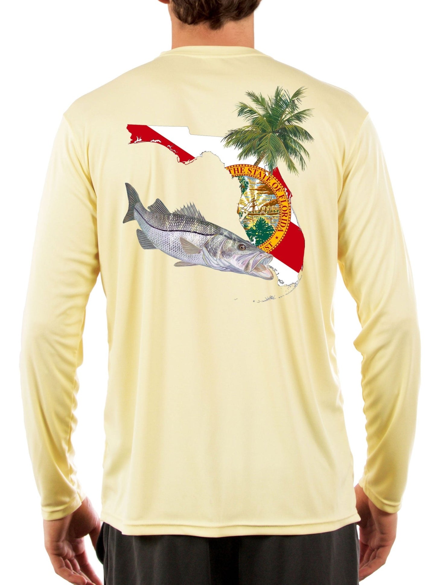 Florida Snook Long Sleeve Mens Fishing Shirt with Florida State Flag Sleeve - Skiff Life