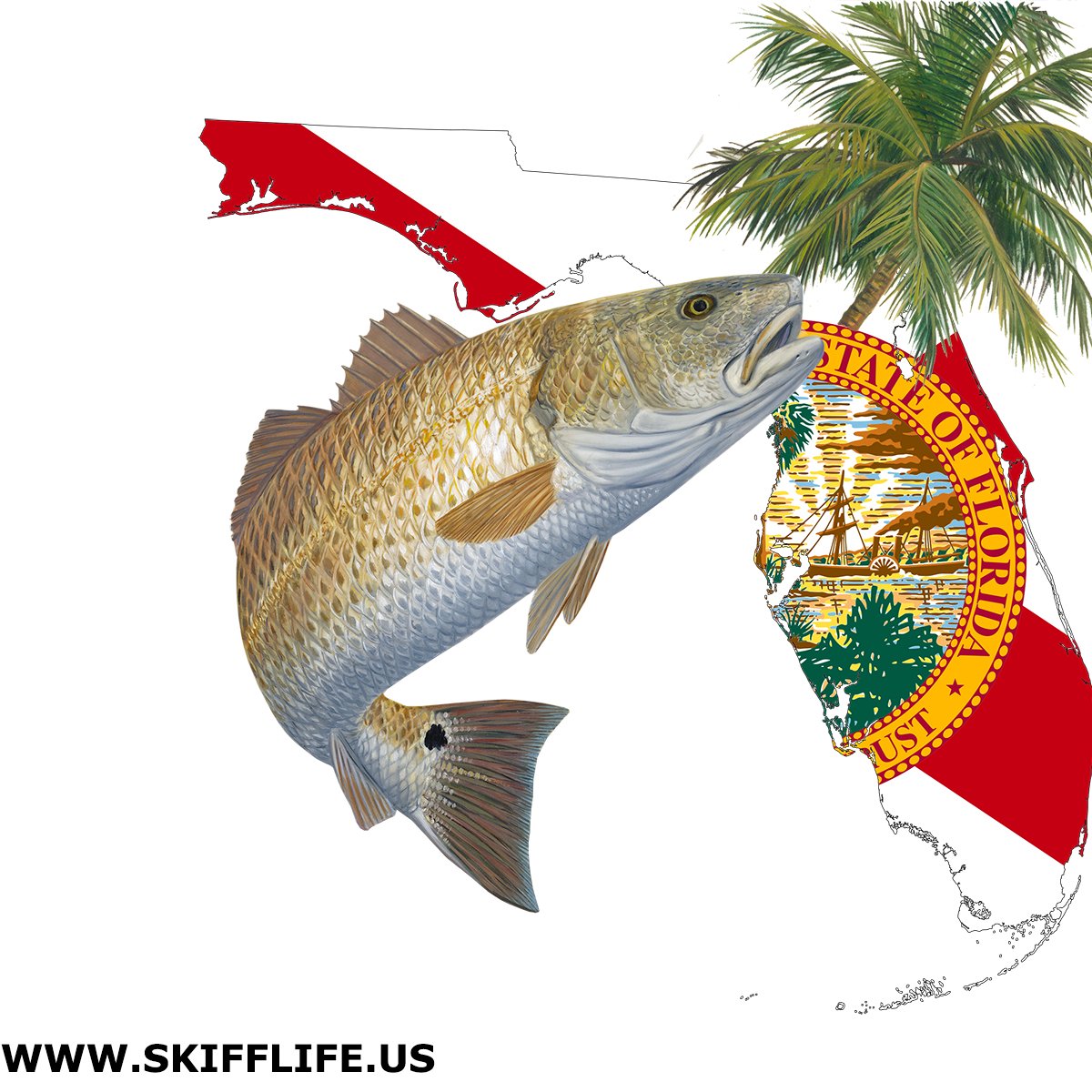 Hoodie Redfish Florida Fishing Shirt optional Florida Flag Sleeve - Skiff Life