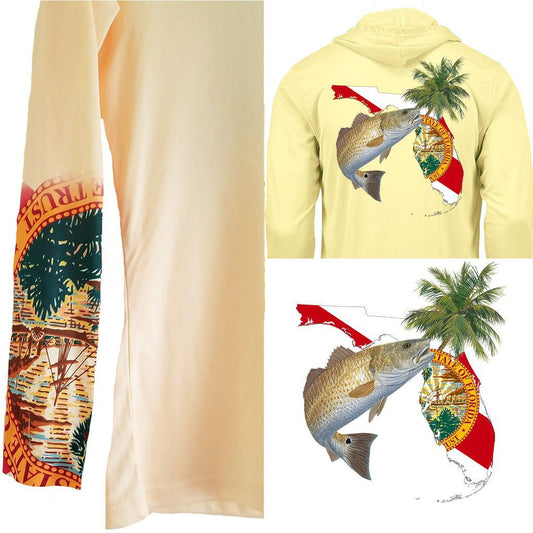 Hoodie Redfish Florida Fishing Shirt optional Florida Flag Sleeve - Skiff Life