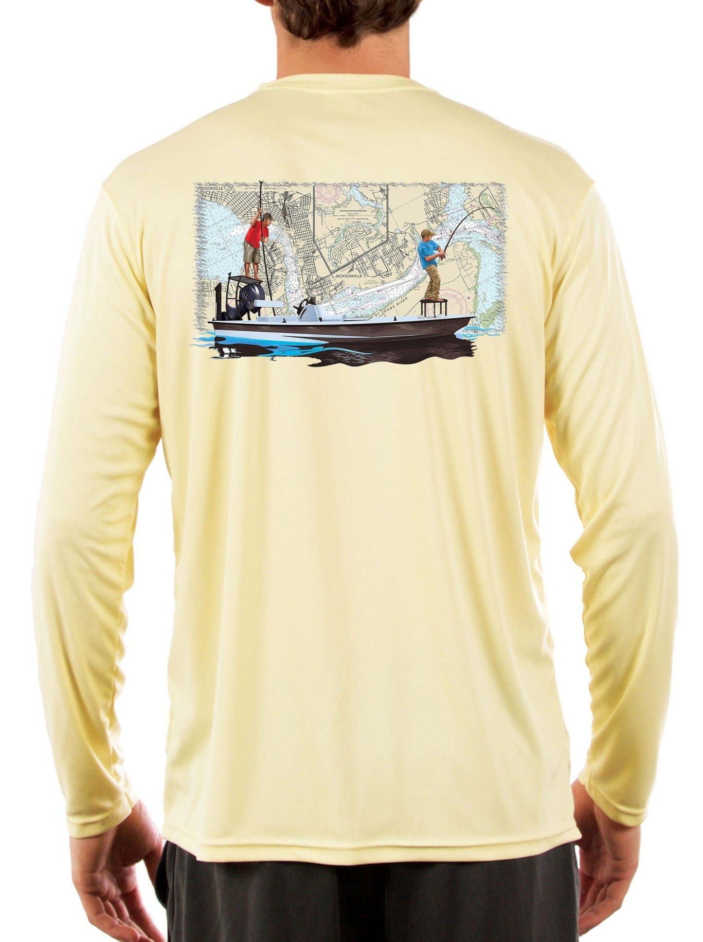 Jacksonville Florida Fishing Nautical Map with Poling Skiff Fishing Shirts for Men - Skiff Life