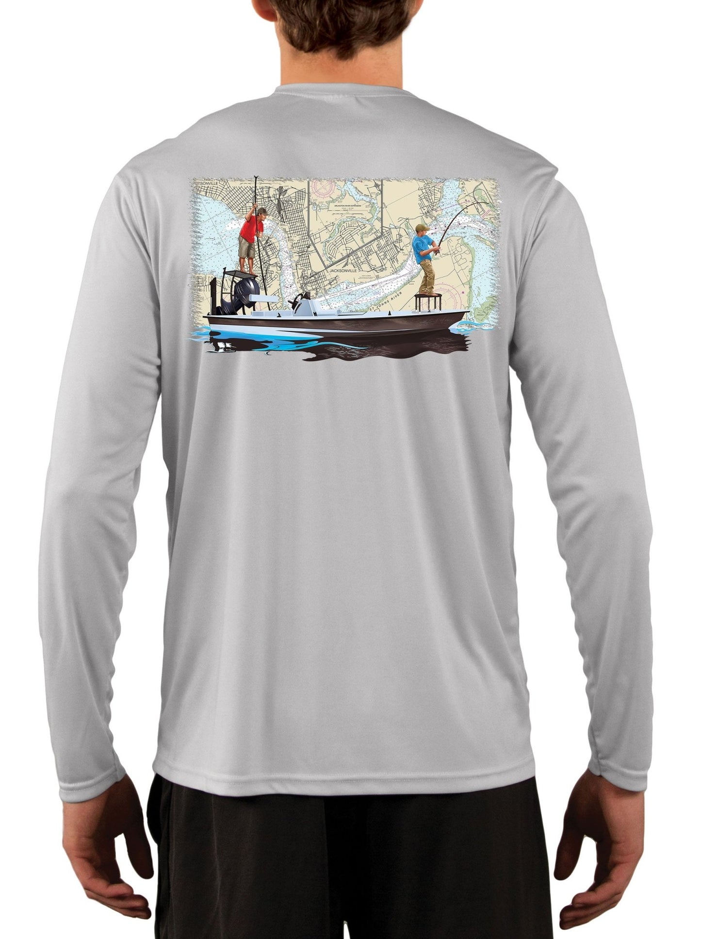 Jacksonville Florida Fishing Nautical Map with Poling Skiff Fishing Shirts for Men - Skiff Life