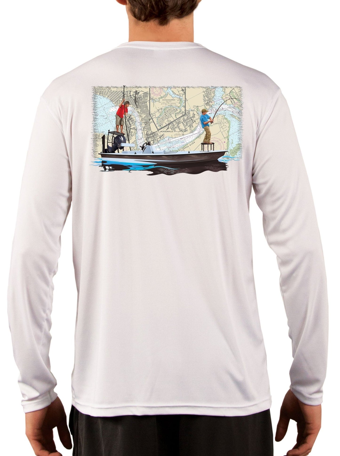 Jacksonville Florida Fishing Nautical Map with Poling Skiff Fishing Shirts for Men - Skiff Life