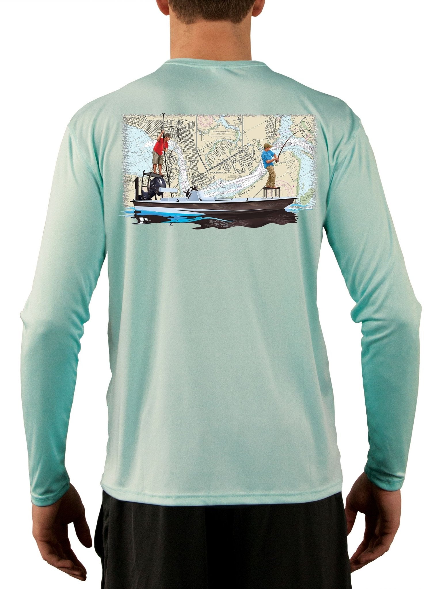 Jacksonville Florida Fishing Nautical Map with Poling Skiff Fishing Shirts for Men - Skiff Life