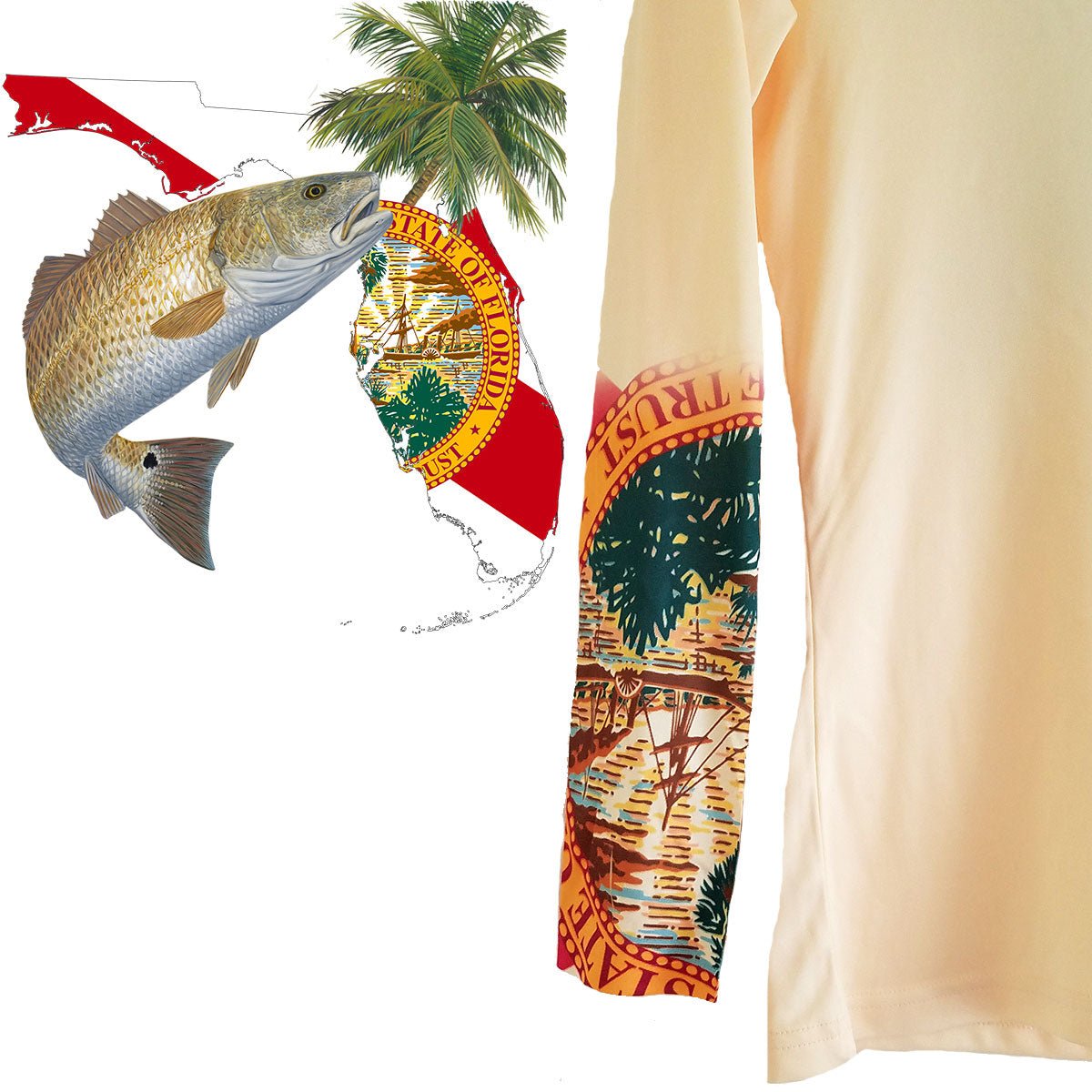 Kids Fishing Shirts Redfish Florida State Flag Custom Sleeve - Skiff Life