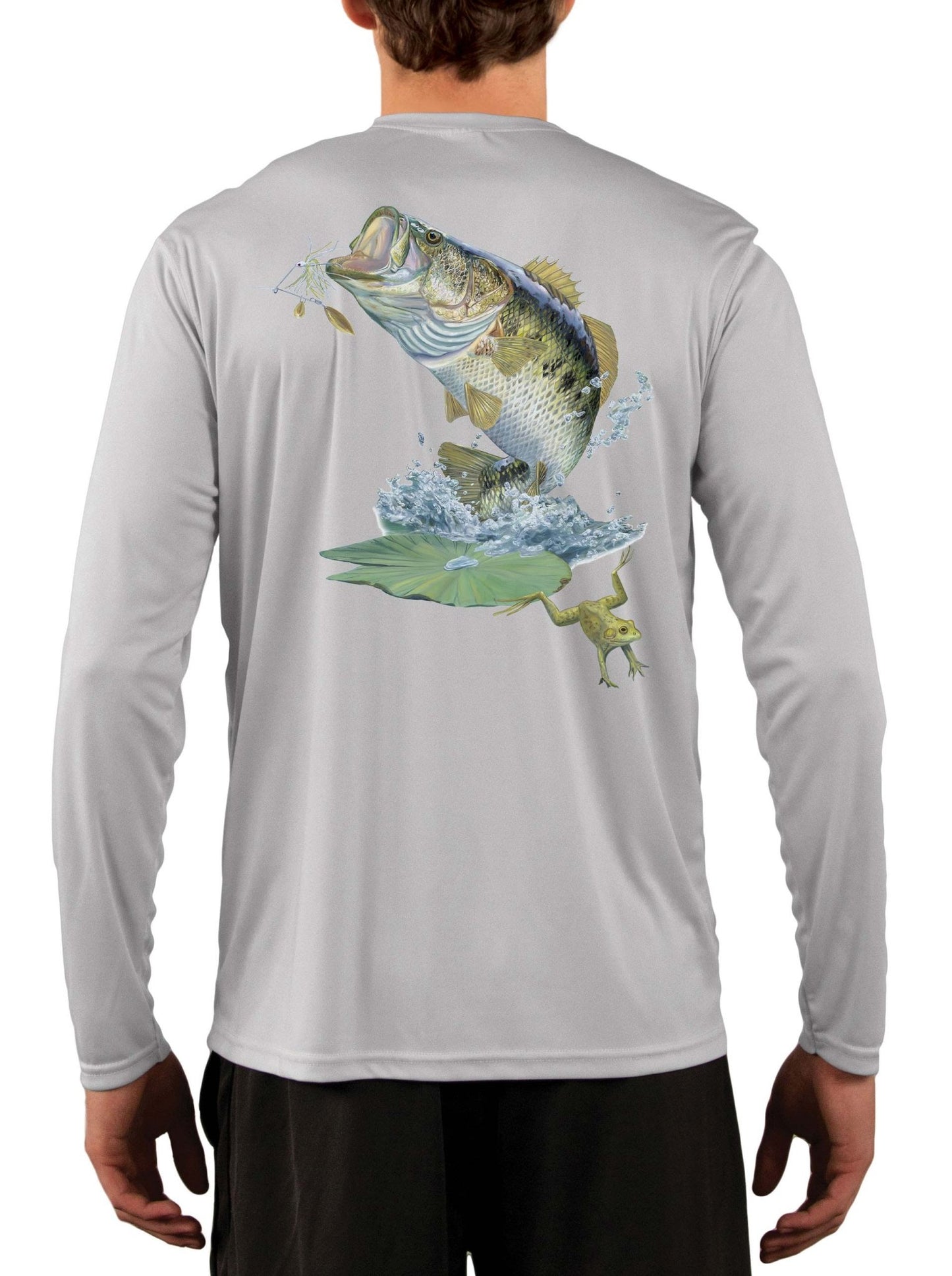 Large Mouth Bass Men's Fishing Shirt Rude Awakening Long Sleeve, Moisture Wicking, Non - Fading Print, UV Protection - Grey