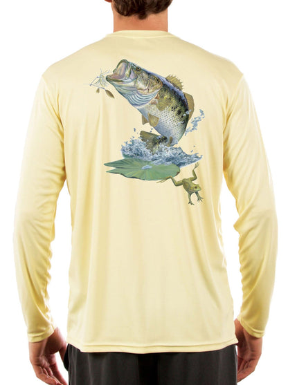 Large Mouth Bass Men's Fishing Shirt Rude Awakening Long Sleeve, Moisture Wicking, Non - Fading Print, UV Protection - Yellow