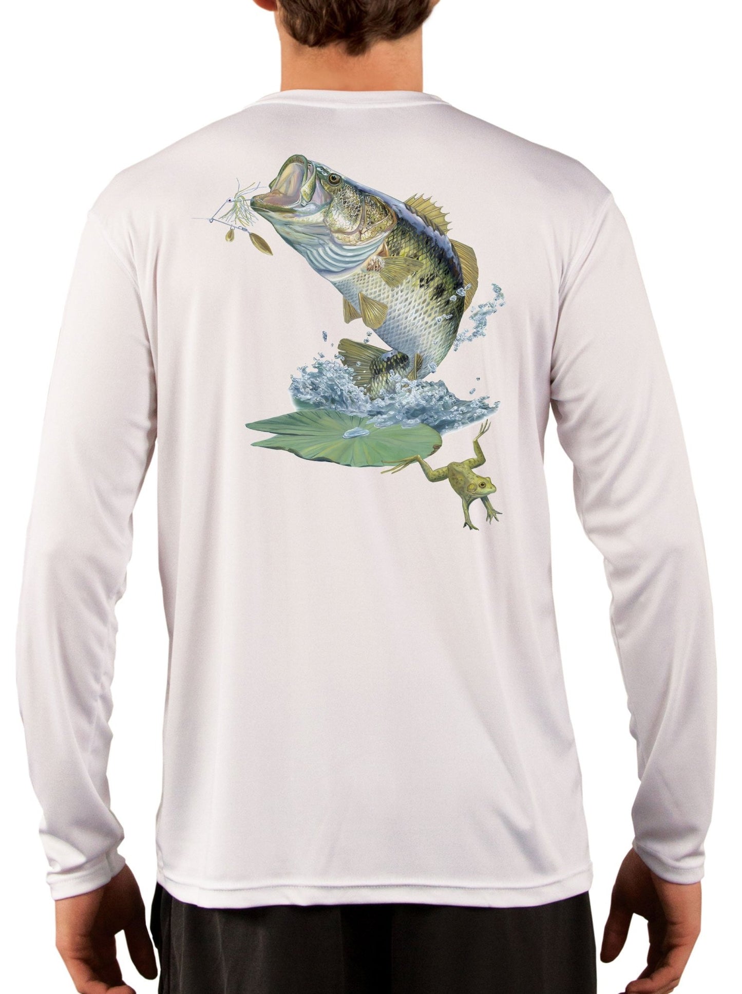 Large Mouth Bass Men's Fishing Shirt Rude Awakening Long Sleeve, Moisture Wicking, Non - Fading Print, UV Protection - White