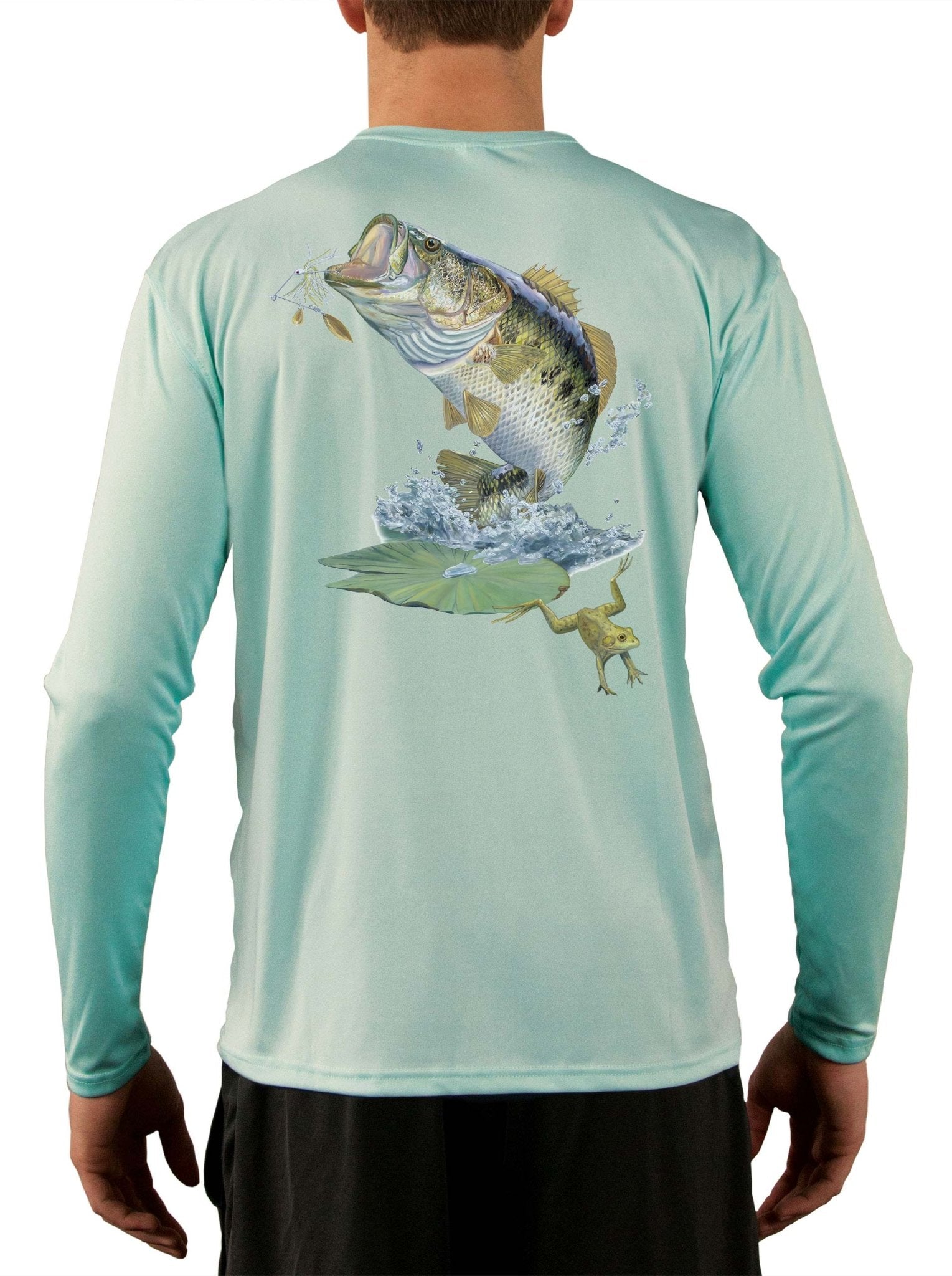 Large Mouth Bass Men's Fishing Shirt Rude Awakening Long Sleeve, Moisture Wicking, Non - Fading Print, UV Protection - Green