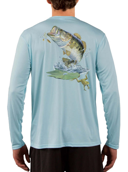 Large Mouth Bass Men's Fishing Shirt Rude Awakening Long Sleeve, Moisture Wicking, Non - Fading Print, UV Protection - Blue