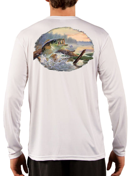 Large Mouth Bass Men's Fishing Shirts - Long Sleeve, Moisture Wicking, Non - Fade Print, 50+ UPF Fabric UV Protection - White