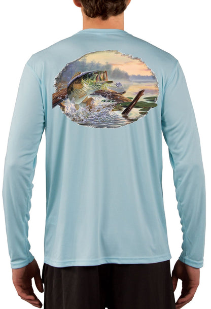 Large Mouth Bass Men's Fishing Shirts - Long Sleeve, Moisture Wicking, Non - Fade Print, 50+ UPF Fabric UV Protection - Blue