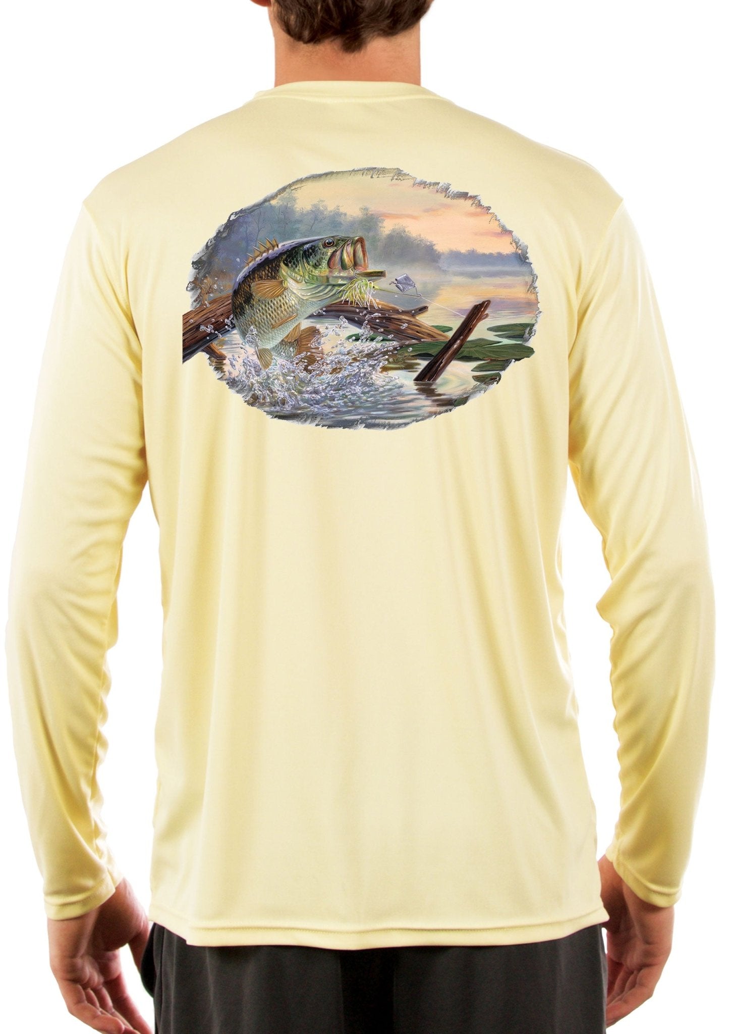 Large Mouth Bass Men's Fishing Shirts - Long Sleeve, Moisture Wicking, Non- Fade Print, 50+ UPF Fabric UV Protection - Yellow