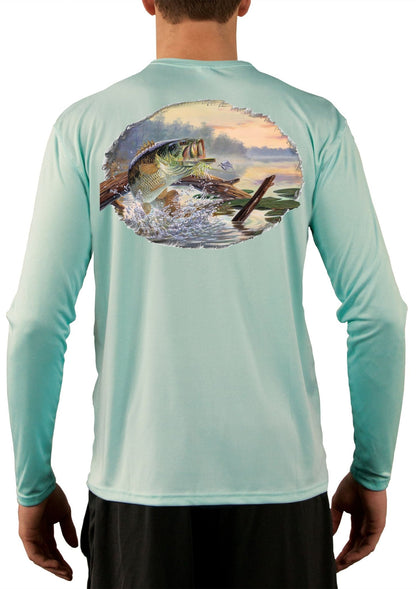 Large Mouth Bass Men's Fishing Shirts - Long Sleeve, Moisture Wicking, Non - Fade Print, 50+ UPF Fabric UV Protection - Green