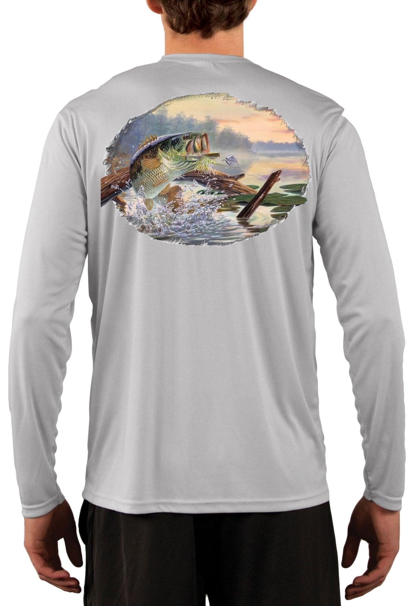 Large Mouth Bass Men's Fishing Shirts - Long Sleeve, Moisture Wicking, Non - Fade Print, 50+ UPF Fabric UV Protection - Grey