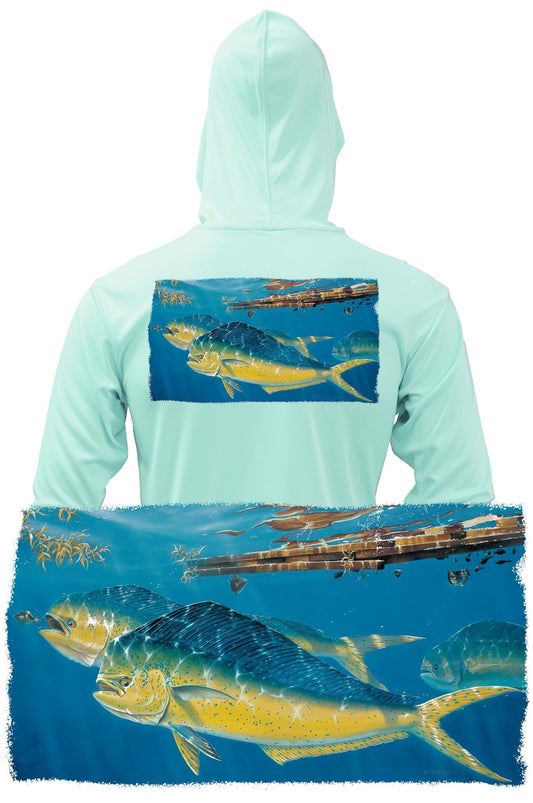 Skiff Life Mahi Mahi Dorado Dolfin Fishing Hoodies For Men Long Sleeve Moisture Wicking Rash Guard UV Sun Protection - Green