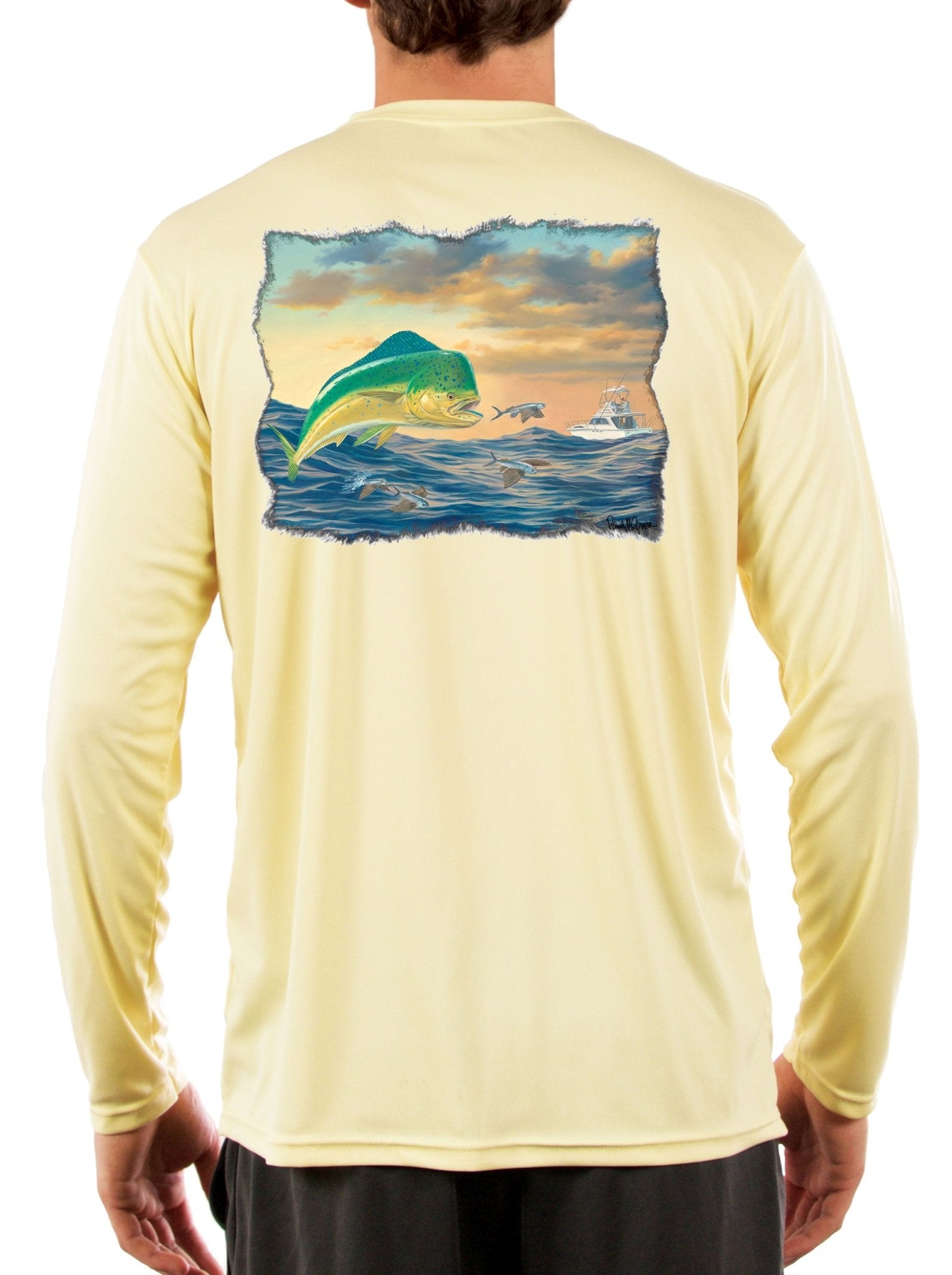 Mahi - Mahi with Flying Fish Fishing Shirts For Men featuring Dorado / Dolphinfish art by Randy McGovern - Skiff Life