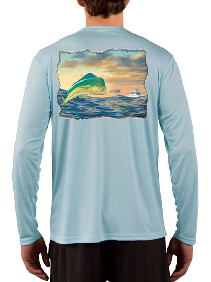 Mahi - Mahi with Flying Fish Fishing Shirts For Men featuring Dorado / Dolphinfish art by Randy McGovern - Skiff Life