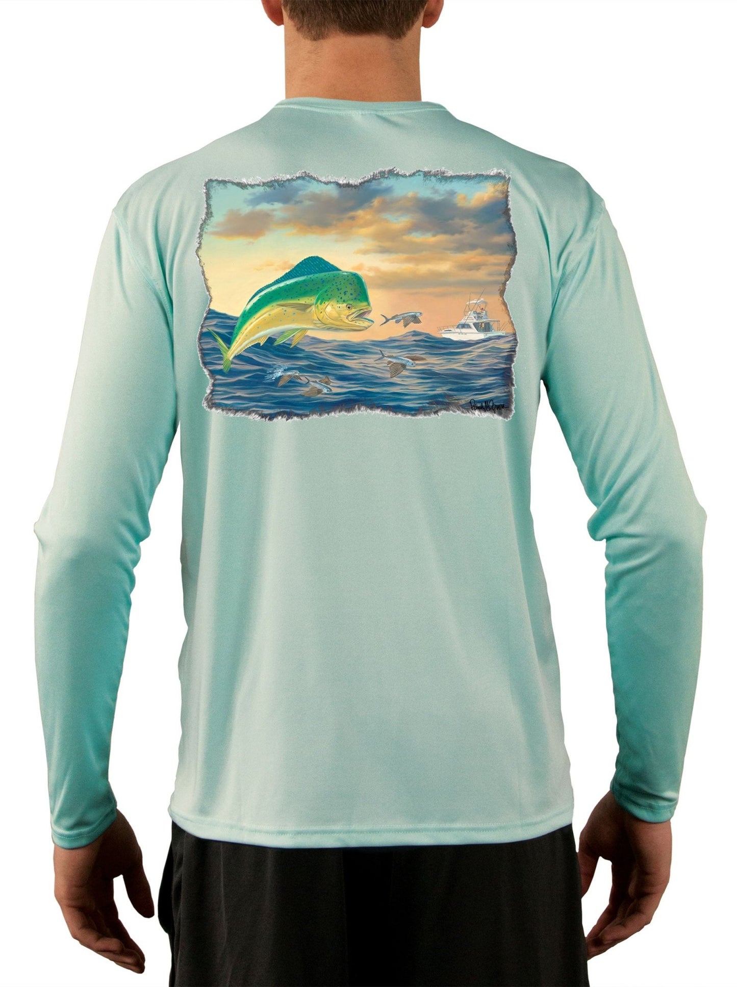 Mahi - Mahi with Flying Fish Fishing Shirts For Men featuring Dorado / Dolphinfish art by Randy McGovern - Skiff Life