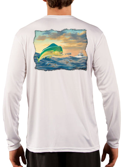 Mahi - Mahi with Flying Fish Fishing Shirts For Men featuring Dorado / Dolphinfish art by Randy McGovern - Skiff Life