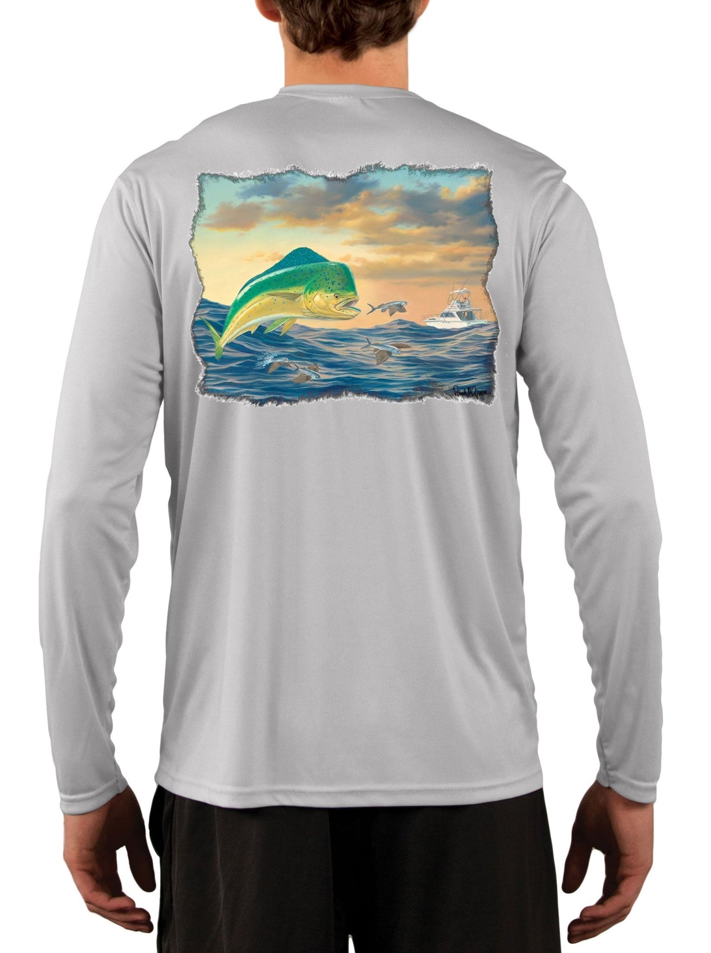 Mahi - Mahi with Flying Fish Fishing Shirts For Men featuring Dorado / Dolphinfish art by Randy McGovern - Skiff Life