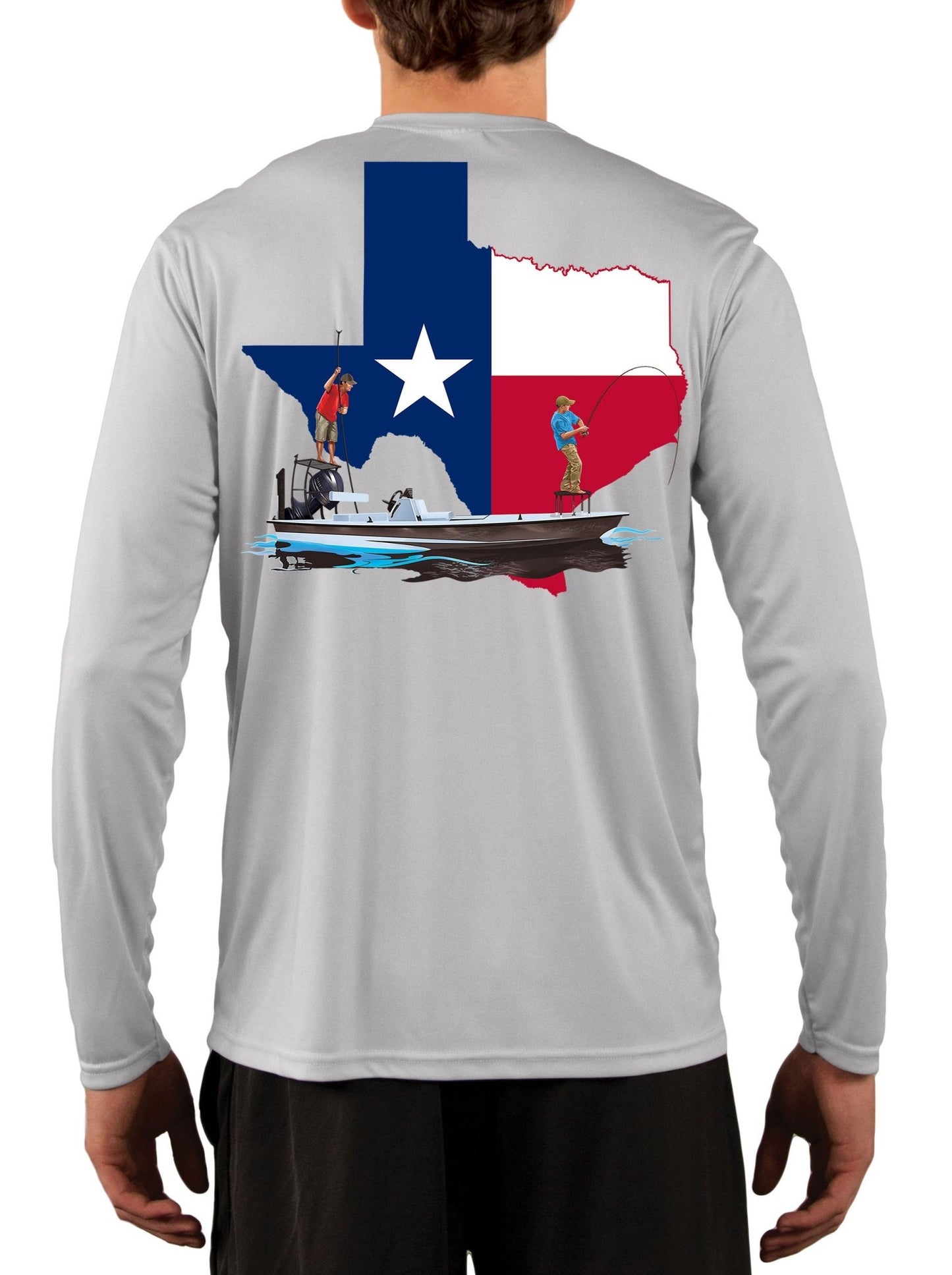 [NEW ARTWORK] Fishing Shirt Texas Poling Skiff State Flag with Texas Flag Sleeve - Skiff Life