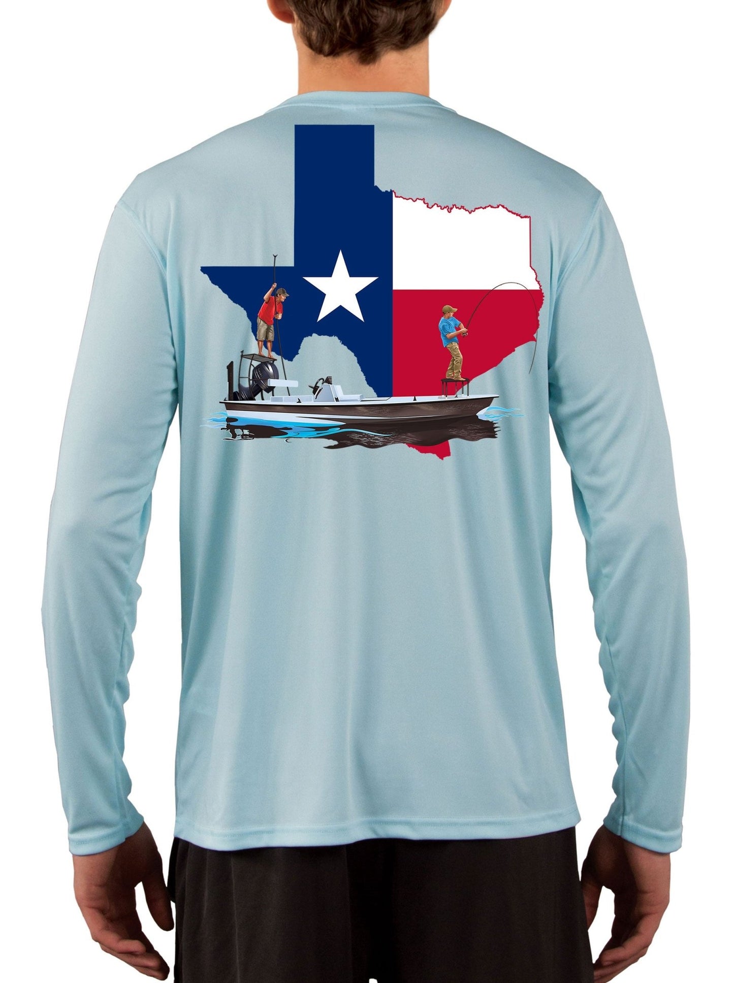 [NEW ARTWORK] Fishing Shirt Texas Poling Skiff State Flag with Texas Flag Sleeve - Skiff Life