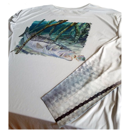 Mangrove Snook Fish Shirts with Scale Sleeve, UV Protected, Moisture Wicking Florida Fishing Apparel | Skiff Life