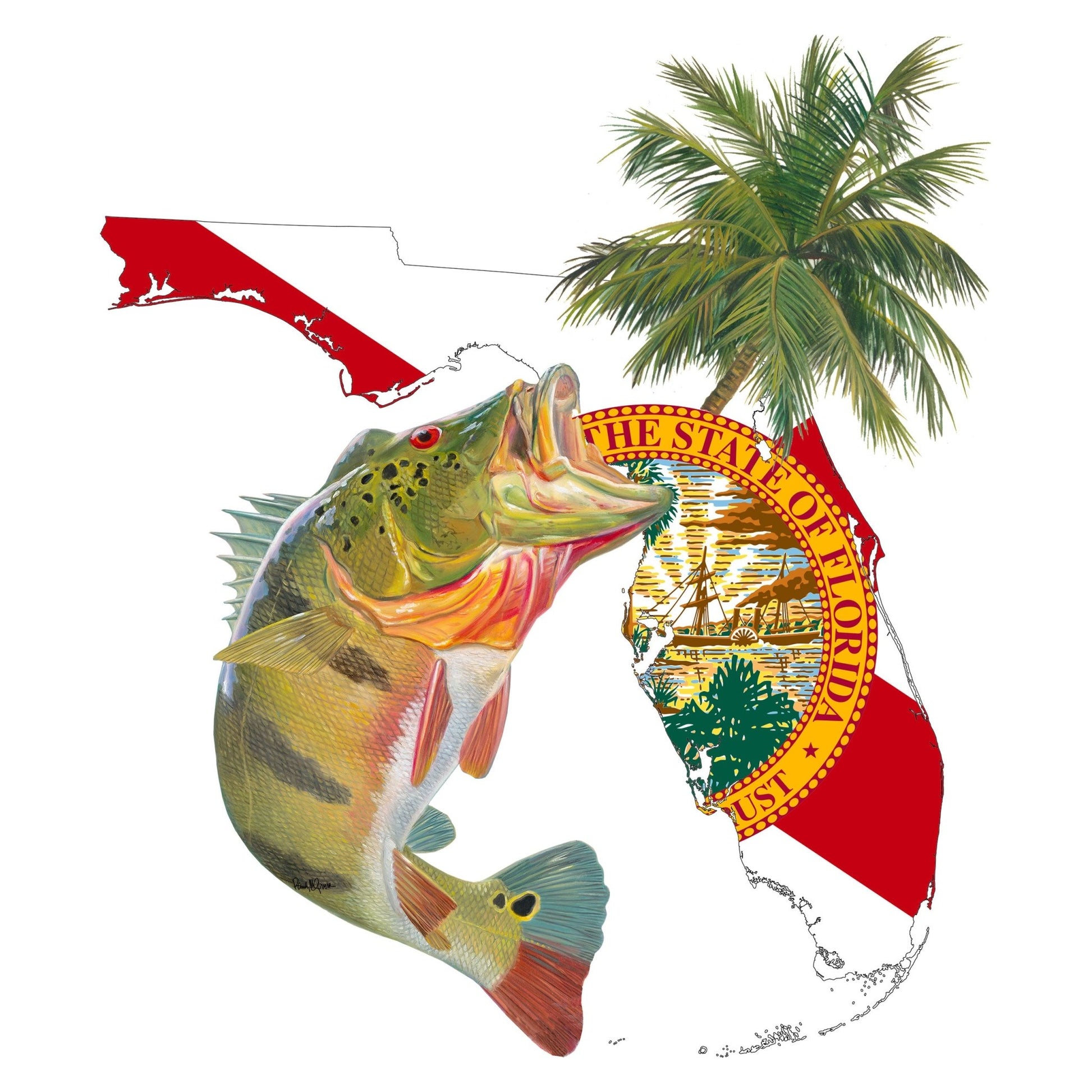 [New Artwork] Peacock Bass Florida Map Fishing Shirts for Men with Florida State Flag Sleeve - Skiff Life