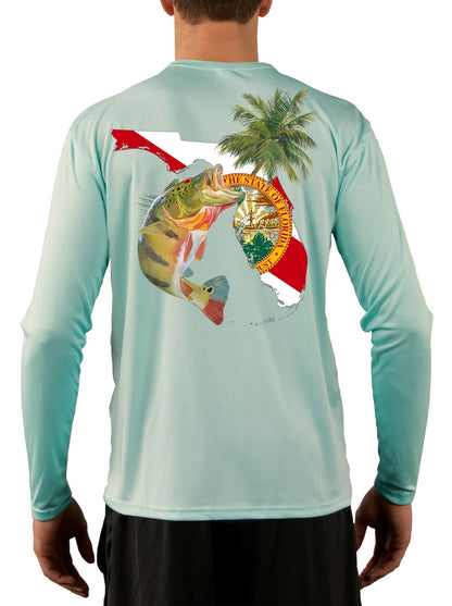 [New Artwork] Peacock Bass Florida Map Fishing Shirts for Men with Florida State Flag Sleeve - Skiff Life