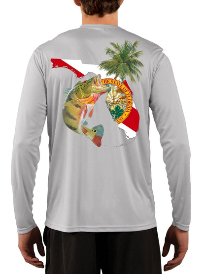 [New Artwork] Peacock Bass Florida Map Fishing Shirts for Men with Florida State Flag Sleeve - Skiff Life