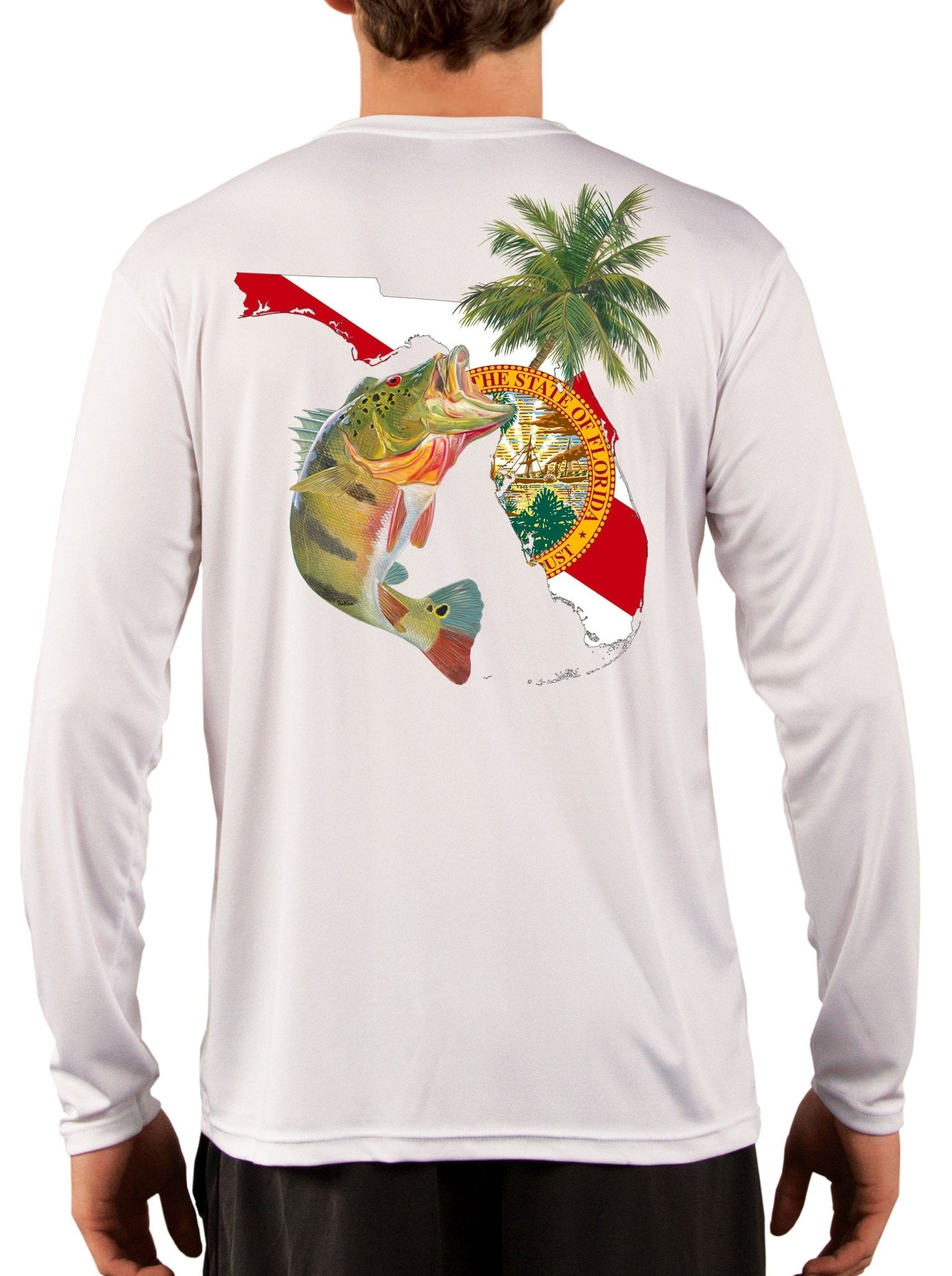 [New Artwork] Peacock Bass Florida Map Fishing Shirts for Men with Florida State Flag Sleeve - Skiff Life