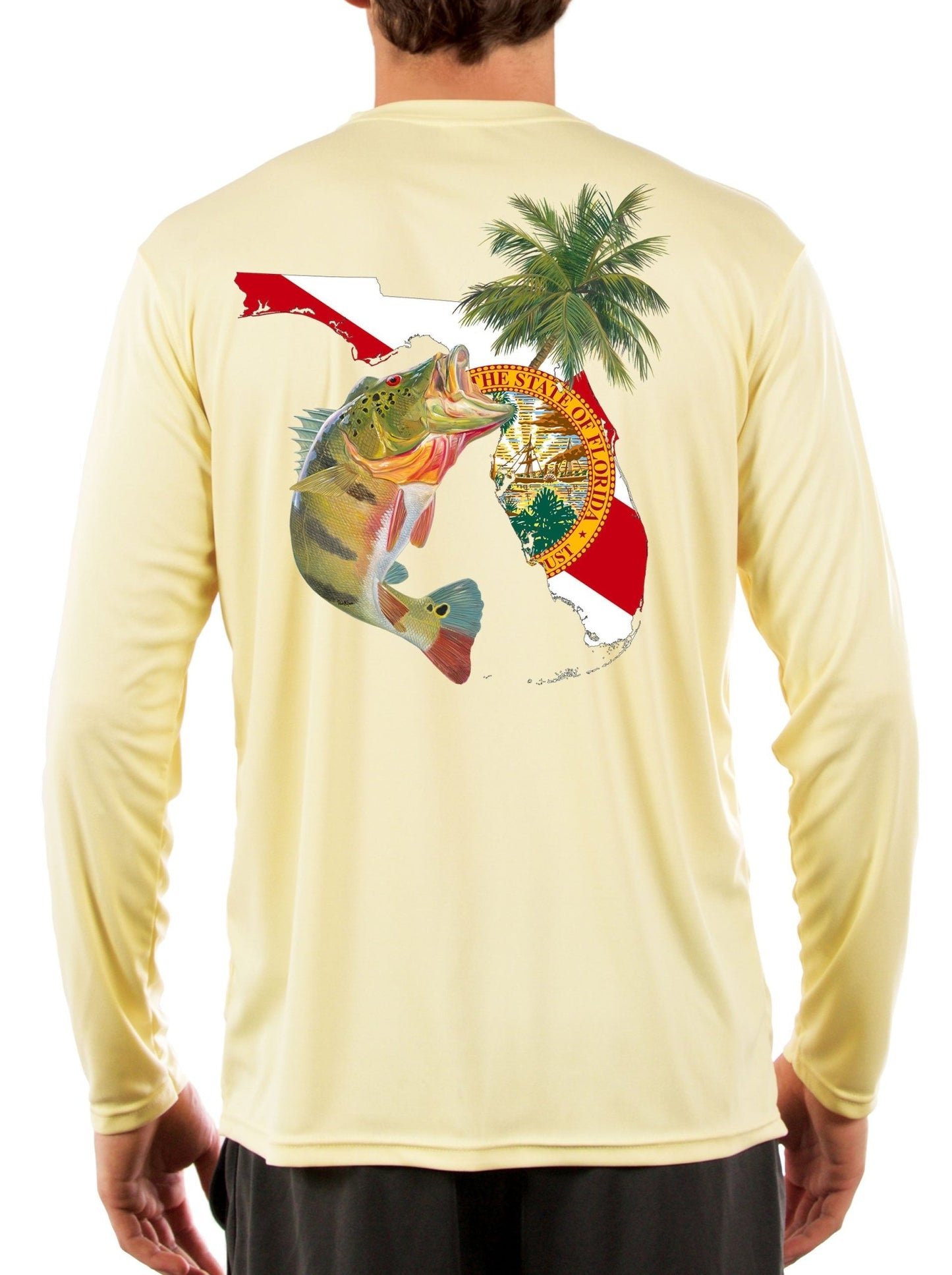 [New Artwork] Peacock Bass Florida Map Fishing Shirts for Men with Florida State Flag Sleeve - Skiff Life