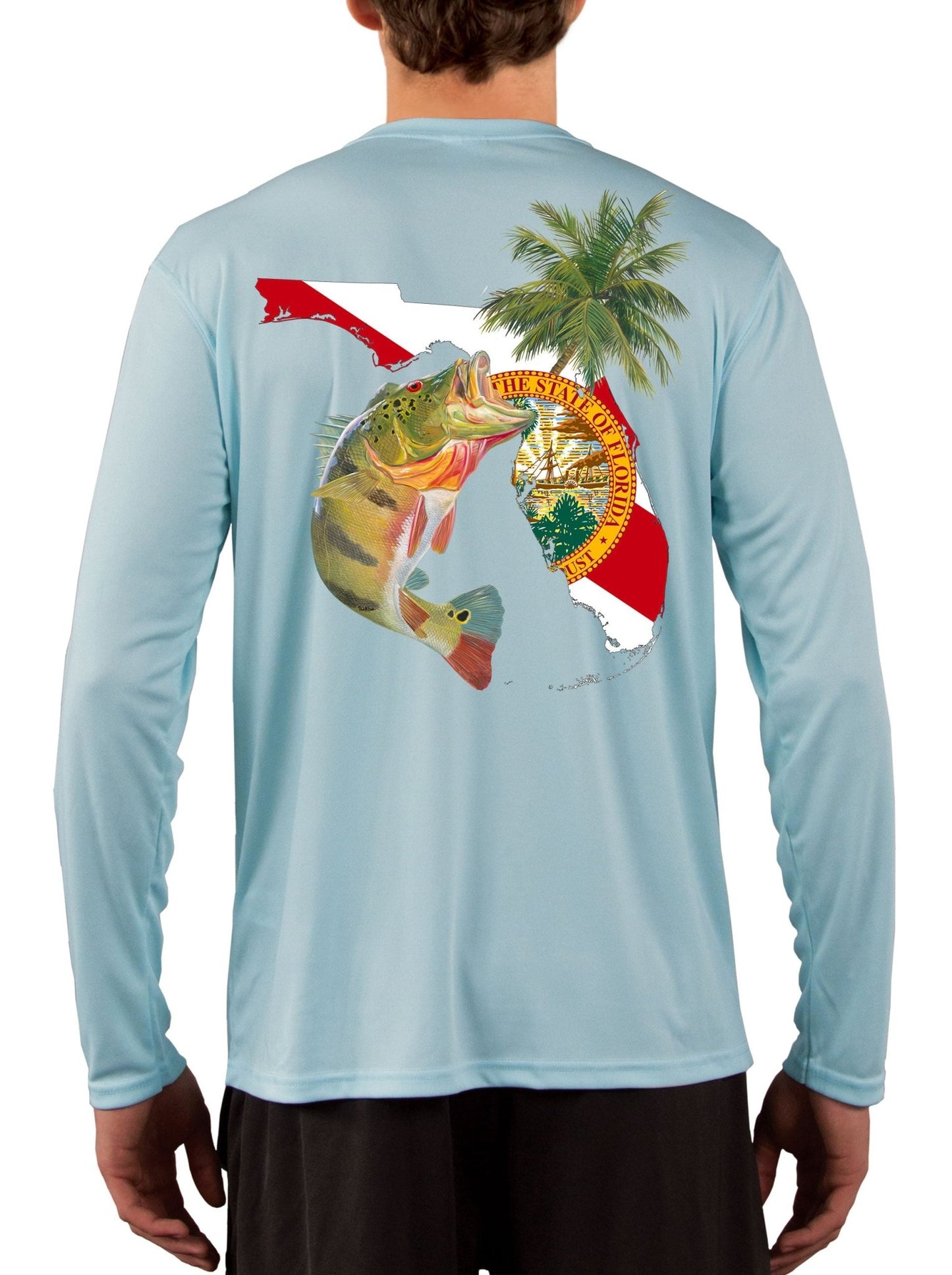 [New Artwork] Peacock Bass Florida Map Fishing Shirts for Men with Florida State Flag Sleeve - Skiff Life