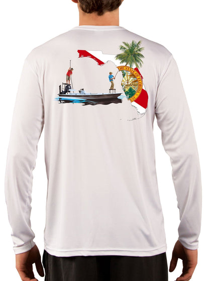 Fishing Poling Skiff Florida State Flag Shirt For Men Florida Flag Sleeve - UV Protected, Moisture Wicking - Skiff Life