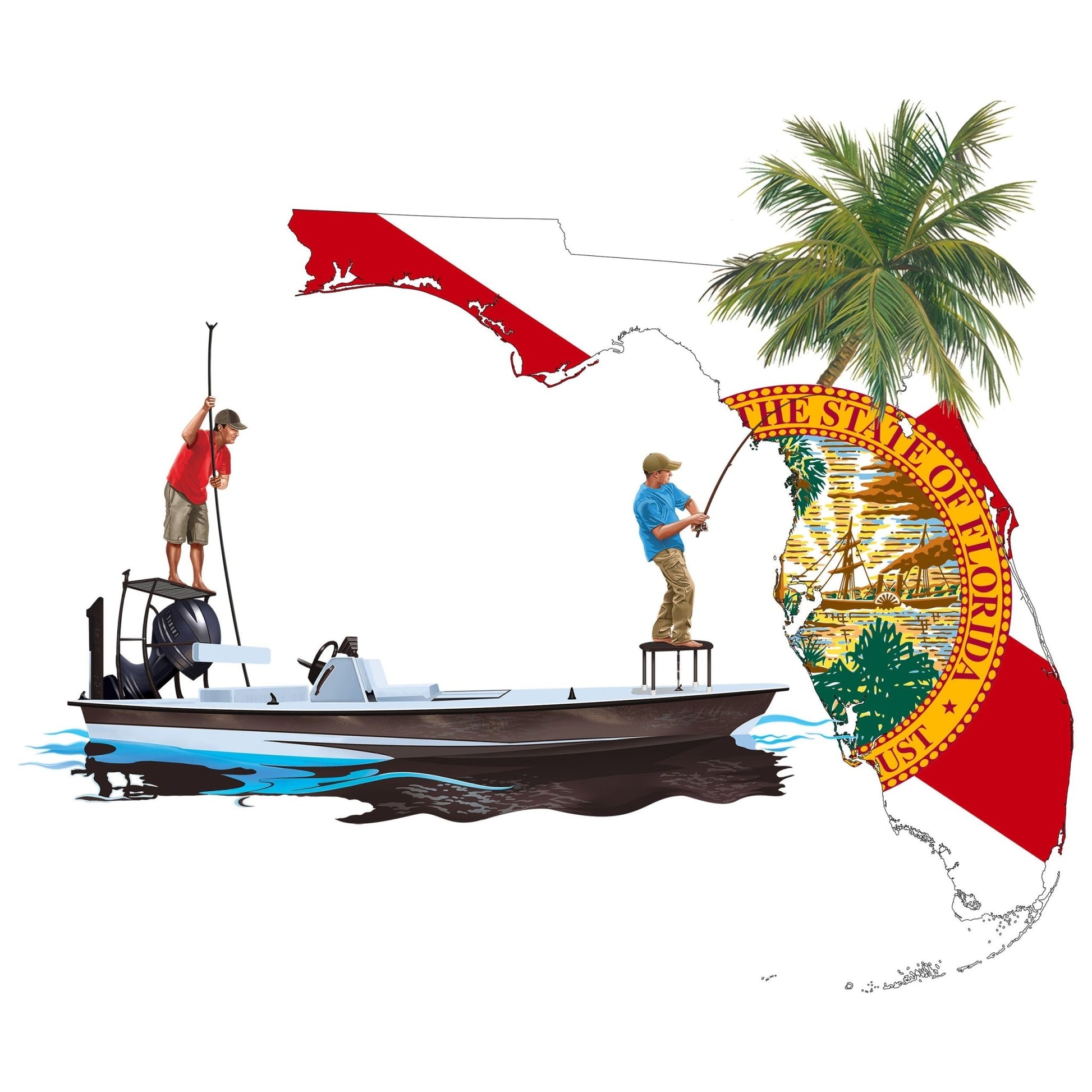 Fishing Poling Skiff Florida State Flag Shirt For Men Florida Flag Sleeve - UV Protected, Moisture Wicking - Skiff Life