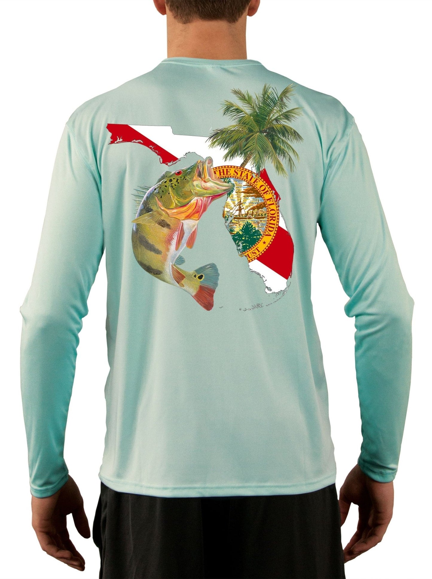 Peacock Bass Florida Map Fishing Shirts for Men with Optional Florida State Flag Sleeve - Skiff Life