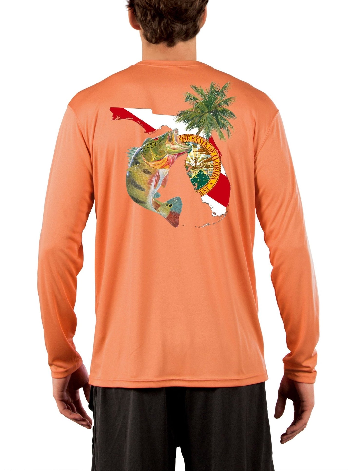 Peacock Bass Florida Map Fishing Shirts for Men with Optional Florida State Flag Sleeve - Skiff Life