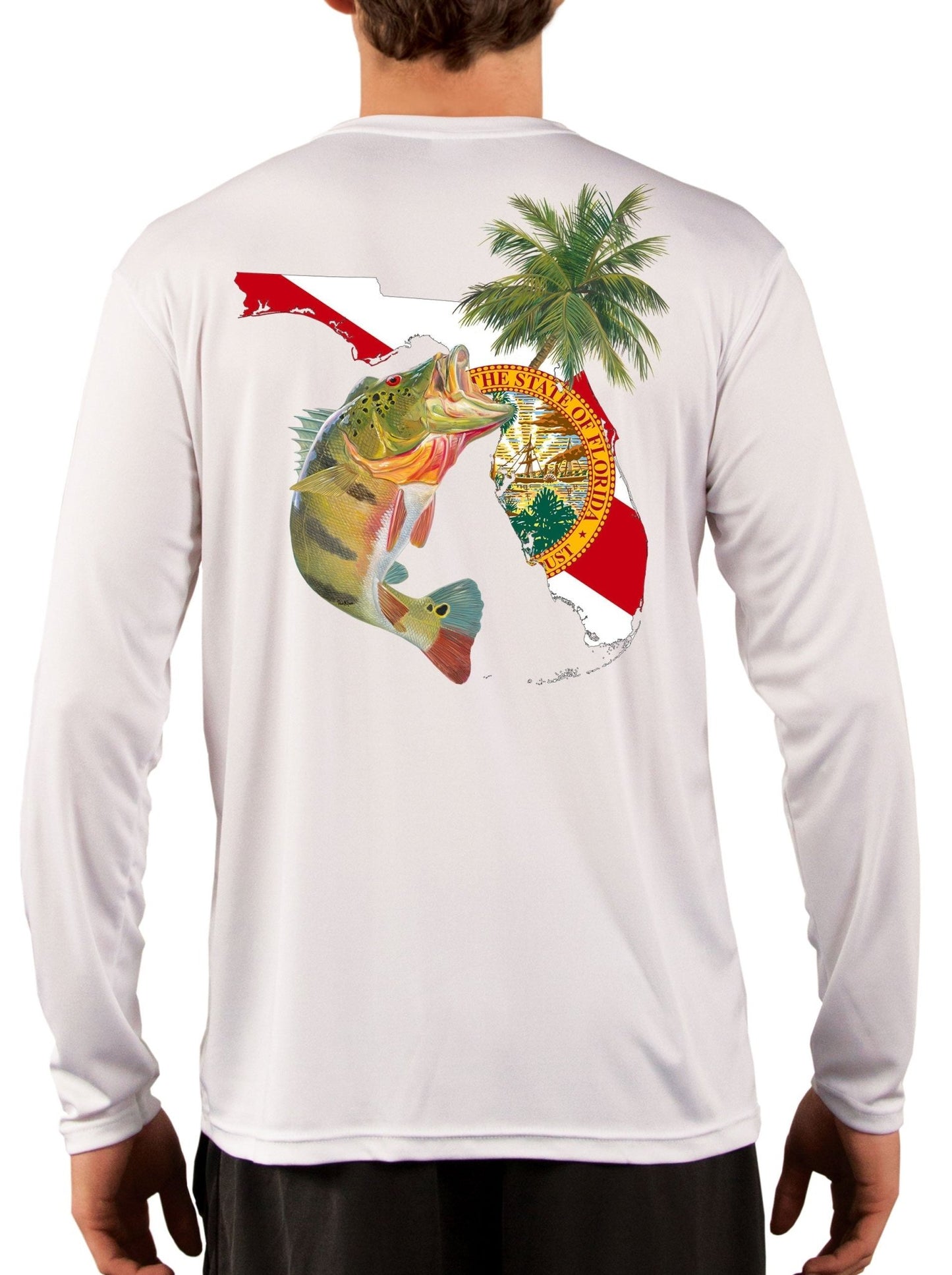 Peacock Bass Florida Map Fishing Shirts for Men with Optional Florida State Flag Sleeve - Skiff Life