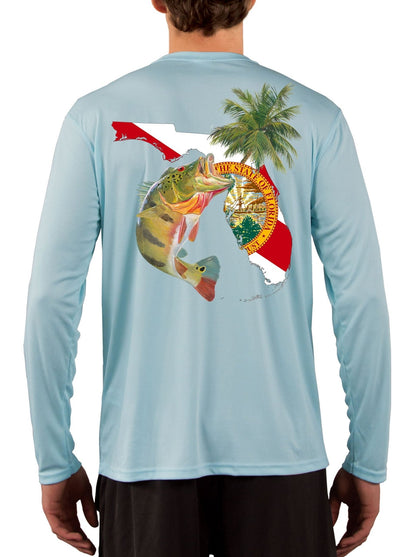 Peacock Bass Florida Map Fishing Shirts for Men with Optional Florida State Flag Sleeve - Skiff Life