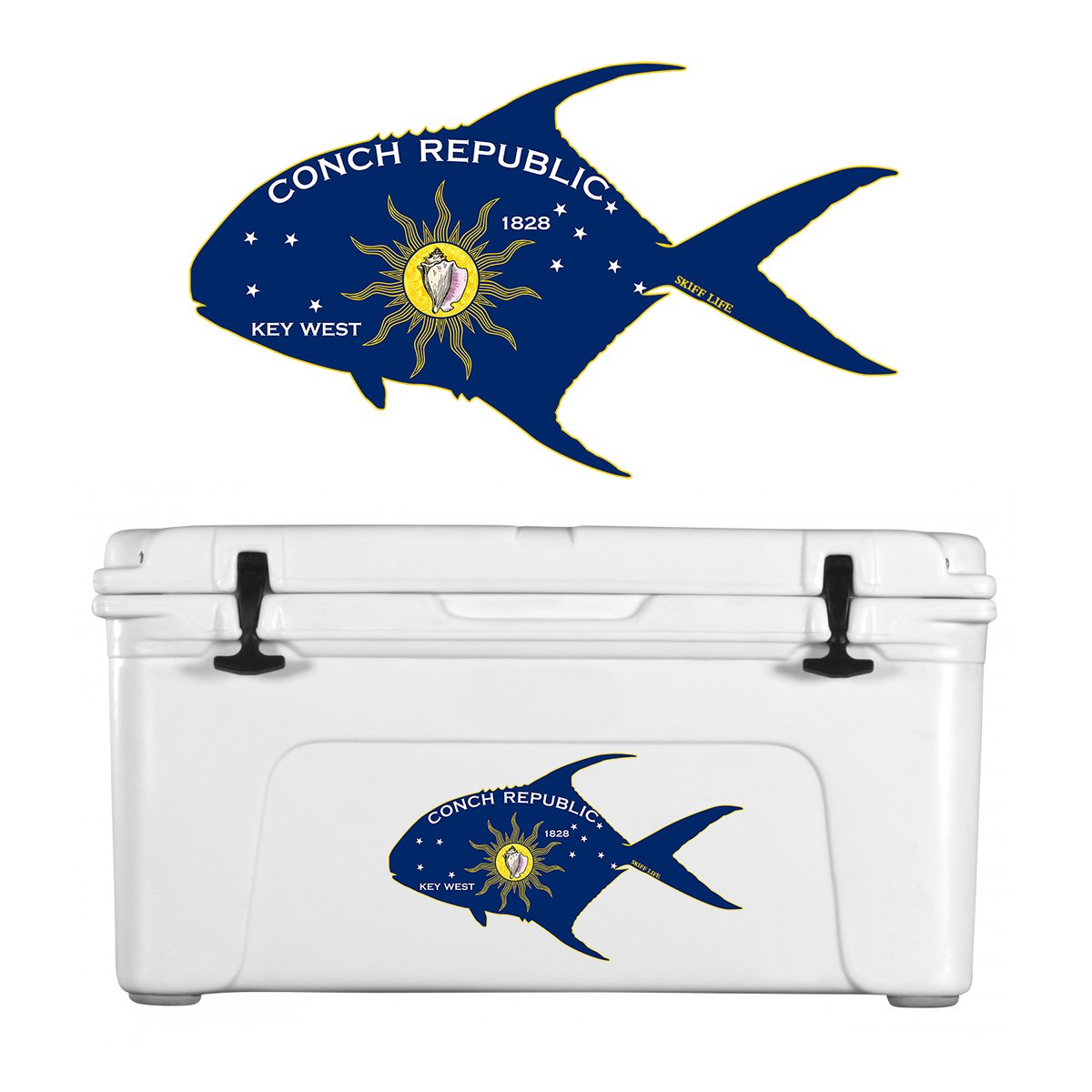 Permit Fish Decal | Conch Republic Flag Design | UV - Protected Vinyl for Boats, Trucks, Coolers - Skiff Life