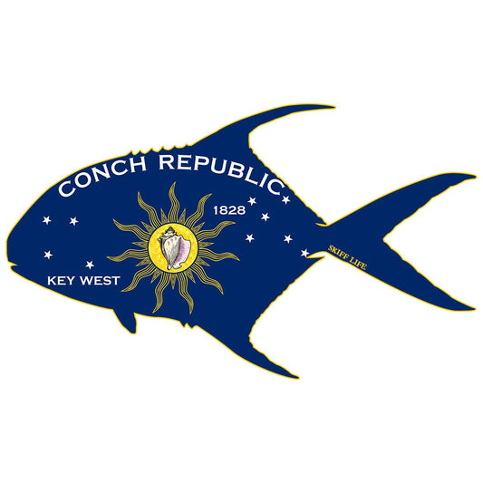 Permit Fish Decal | Conch Republic Flag Design | UV - Protected Vinyl for Boats, Trucks, Coolers - Skiff Life