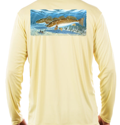 Redfish Hunting Blue Crab Fishing Shirts Quick Dry Lightweight UPF 50+ Long Sleeve Shirts Rash Guard Yellow Moisture Wicking